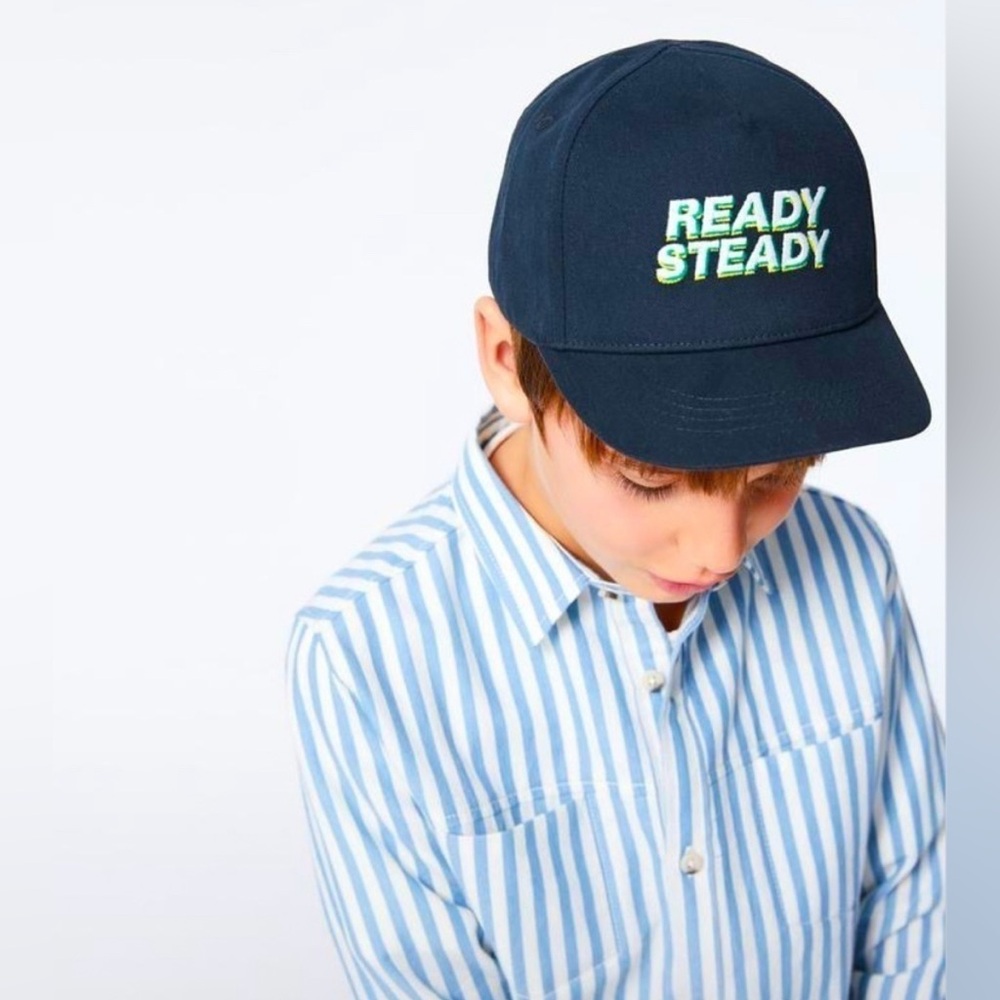 NWT ZARA Kids Boys Navy Blue‎ 'Ready Steady' Cap Hat Medium M (A8)